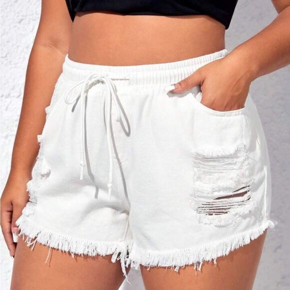 SHEIN Pants - SHEIN EZwear Plus Drawstring Waist Ripped Raw Cut Denim Shorts